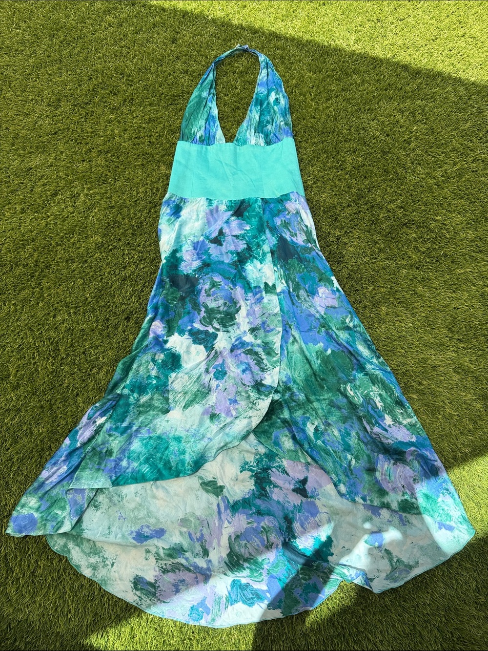 Silk Custom Made Teal Floral Halter Maxi Dress size S
